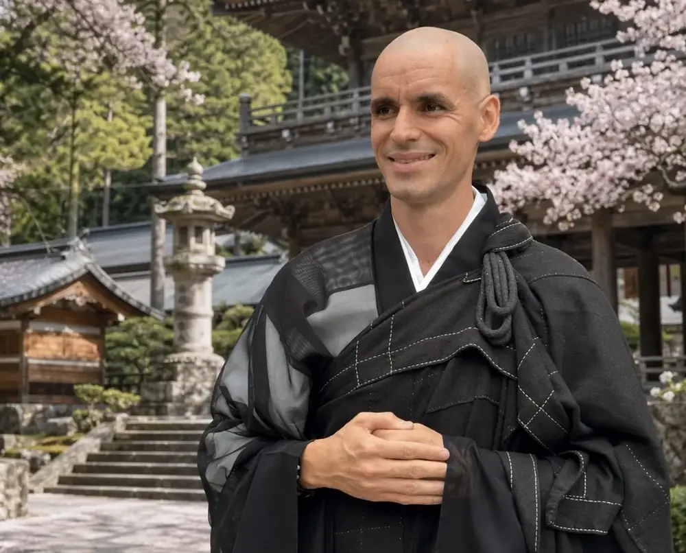 Retrato do Monge Butsukei em um templo com cerejeiras em flor