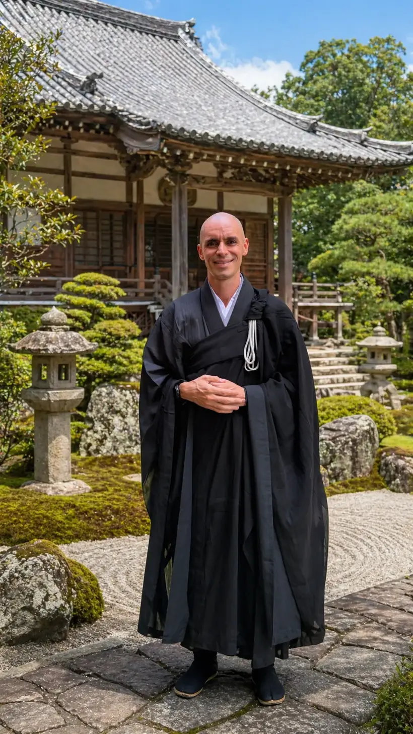 Monge Butsukei em pé no jardim de um templo japonês